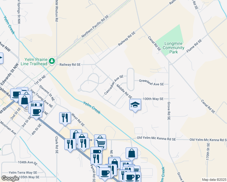map of restaurants, bars, coffee shops, grocery stores, and more near 16413 Oakridge Court Southeast in Yelm