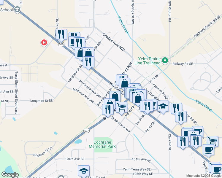 map of restaurants, bars, coffee shops, grocery stores, and more near 108 SW Edwards St in Yelm
