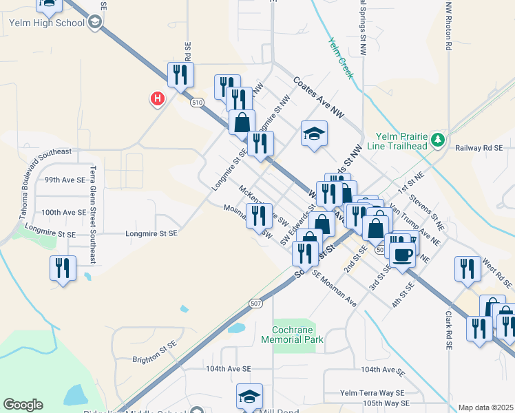 map of restaurants, bars, coffee shops, grocery stores, and more near 409 McKenzie Avenue Southwest in Yelm