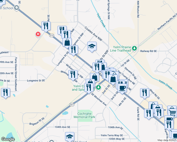 map of restaurants, bars, coffee shops, grocery stores, and more near 201-203 Edwards Street Northwest in Yelm