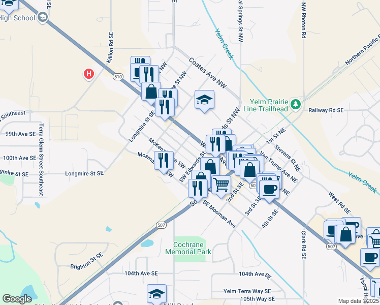 map of restaurants, bars, coffee shops, grocery stores, and more near 201-203 Edwards Street Northwest in Yelm