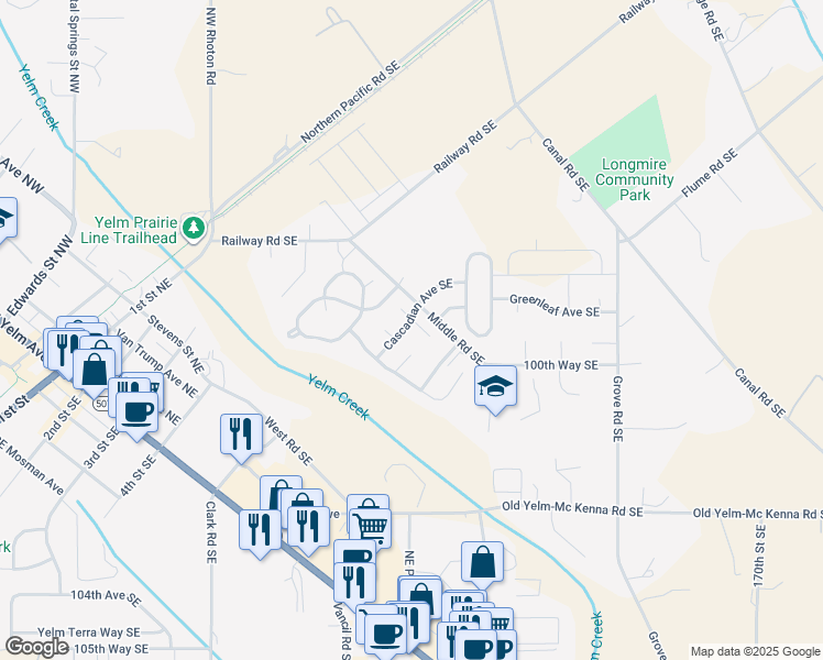 map of restaurants, bars, coffee shops, grocery stores, and more near 9902 Cascadian Avenue Southeast in Yelm