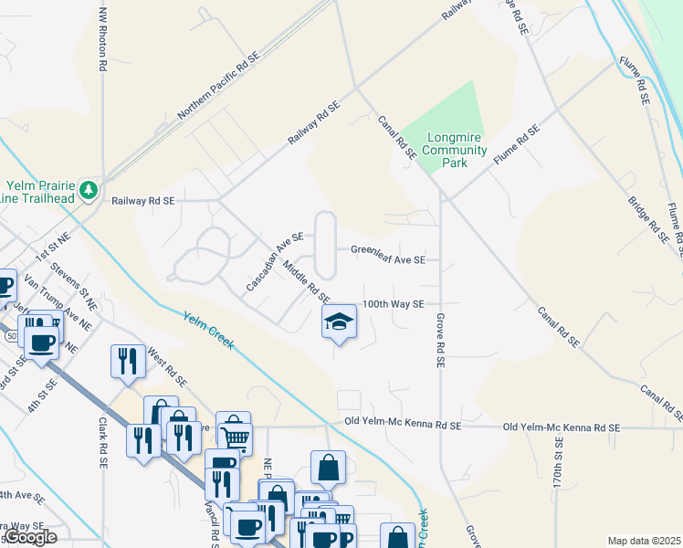 map of restaurants, bars, coffee shops, grocery stores, and more near 9981 Greenleaf Loop Southeast in Yelm