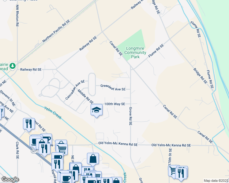 map of restaurants, bars, coffee shops, grocery stores, and more near 16639 Greenleaf Avenue Southeast in Yelm
