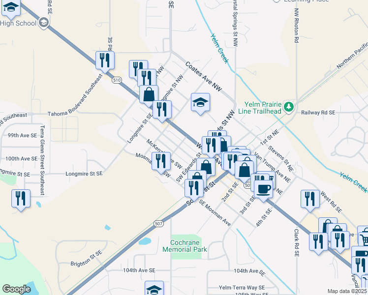 map of restaurants, bars, coffee shops, grocery stores, and more near 311 West Yelm Avenue in Yelm