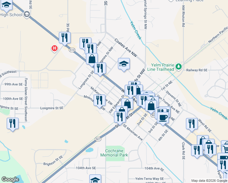 map of restaurants, bars, coffee shops, grocery stores, and more near 311 West Yelm Avenue in Yelm
