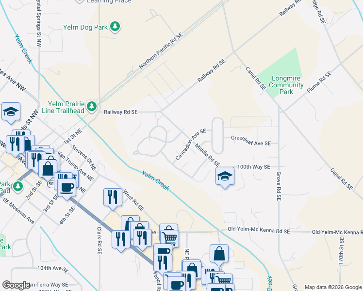 map of restaurants, bars, coffee shops, grocery stores, and more near 16324 Richmont Court Southeast in Yelm