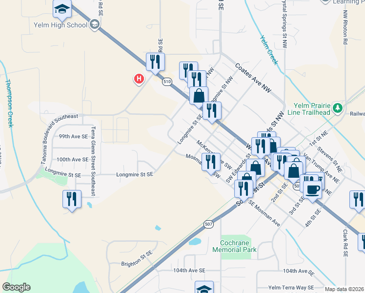 map of restaurants, bars, coffee shops, grocery stores, and more near 9901 Longmire Street Southeast in Yelm