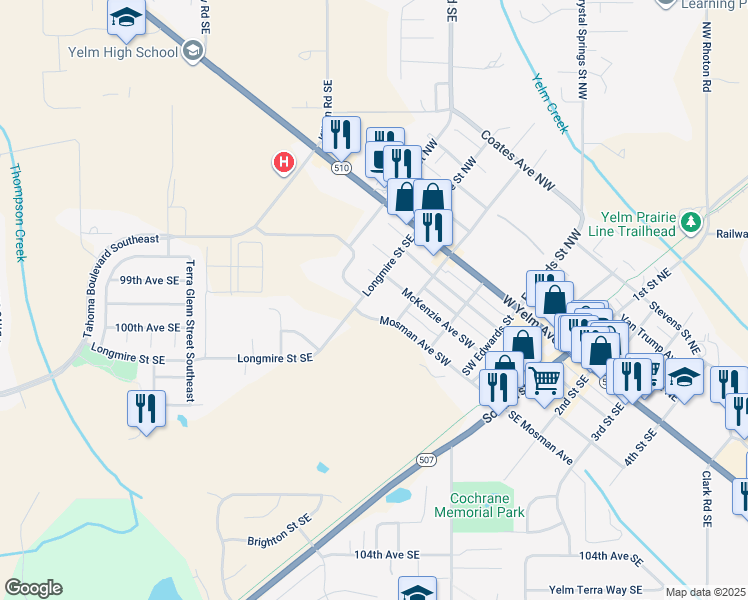 map of restaurants, bars, coffee shops, grocery stores, and more near 304 Longmire Street Northwest in Yelm