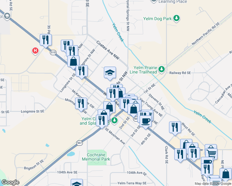 map of restaurants, bars, coffee shops, grocery stores, and more near 205 Van Trump Avenue in Yelm