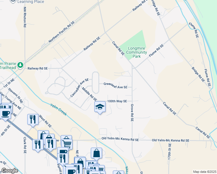 map of restaurants, bars, coffee shops, grocery stores, and more near 9956 Greenleaf Loop Southeast in Yelm