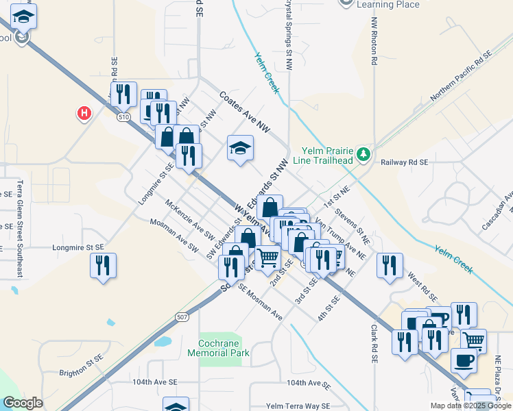 map of restaurants, bars, coffee shops, grocery stores, and more near 108 Southwest Edwards Street in Yelm
