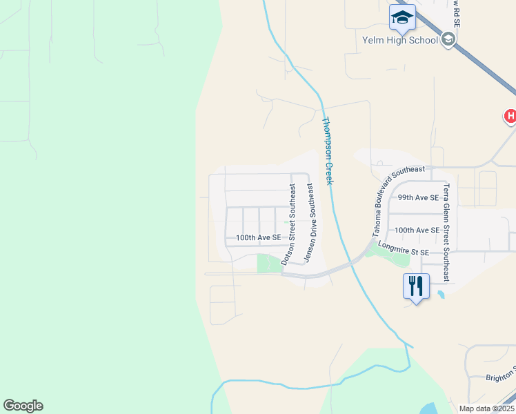 map of restaurants, bars, coffee shops, grocery stores, and more near 14368 99th Way Southeast in Yelm