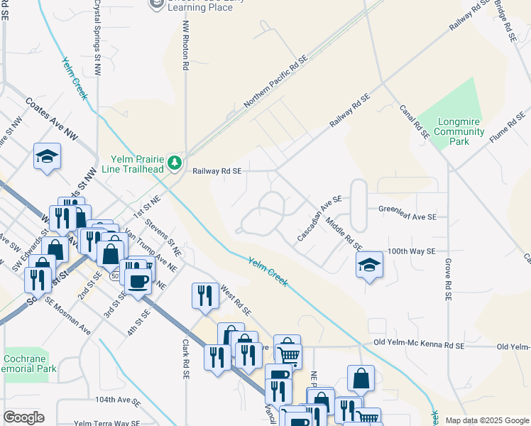 map of restaurants, bars, coffee shops, grocery stores, and more near 16229 Prairie Creek Loop Southeast in Yelm