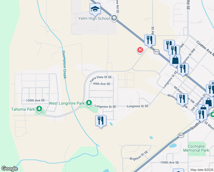 map of restaurants, bars, coffee shops, grocery stores, and more near 14922 99th Avenue Southeast in Yelm