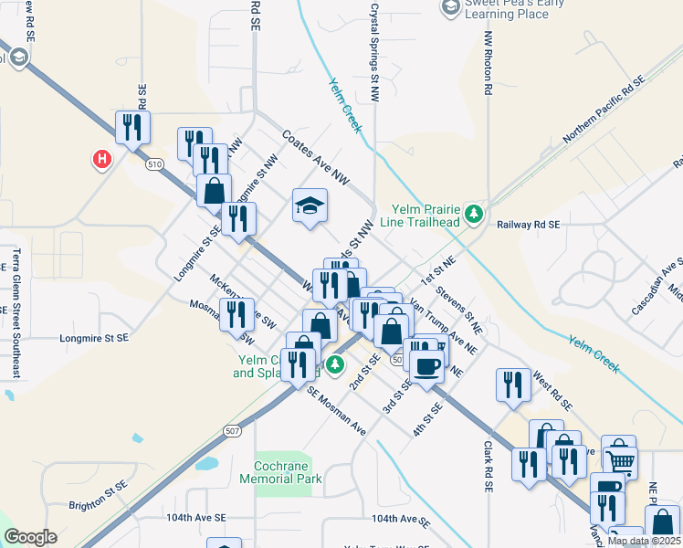 map of restaurants, bars, coffee shops, grocery stores, and more near 205 Van Trump Avenue in Yelm