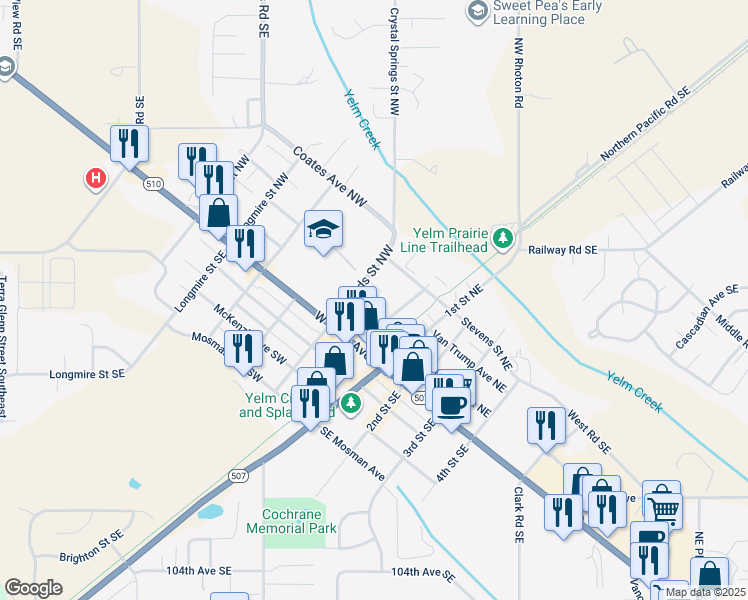 map of restaurants, bars, coffee shops, grocery stores, and more near 205 Van Trump Avenue in Yelm