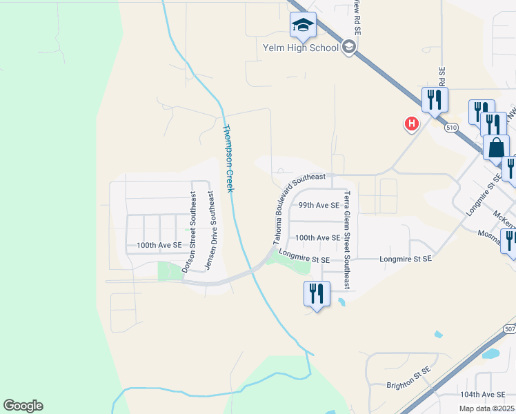 map of restaurants, bars, coffee shops, grocery stores, and more near 9955 Tahoma Boulevard Southeast in Yelm