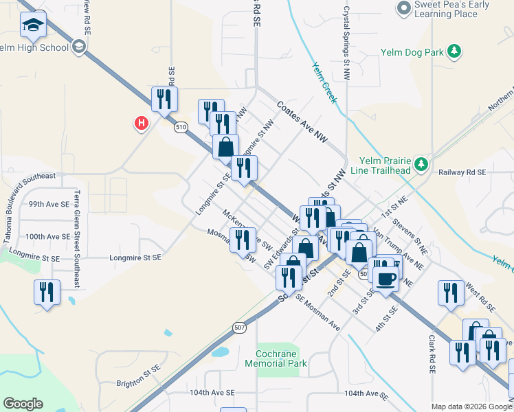 map of restaurants, bars, coffee shops, grocery stores, and more near 410 Southwest Washington Avenue in Yelm