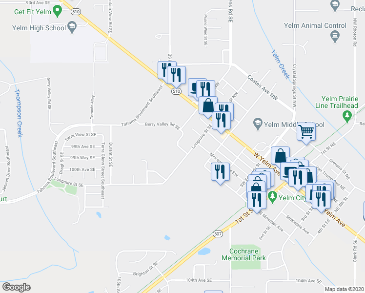 map of restaurants, bars, coffee shops, grocery stores, and more near 15342 Berry Valley Drive Southeast in Yelm