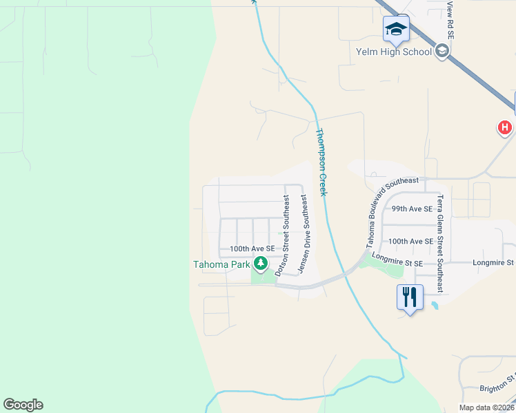map of restaurants, bars, coffee shops, grocery stores, and more near 14415 99th Avenue Southeast in Yelm