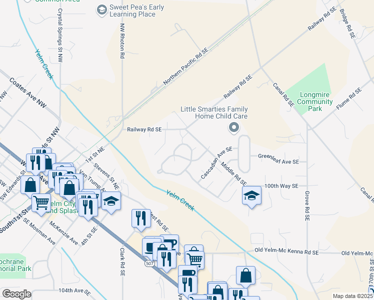 map of restaurants, bars, coffee shops, grocery stores, and more near 9829 Ramsay Drive Southeast in Yelm