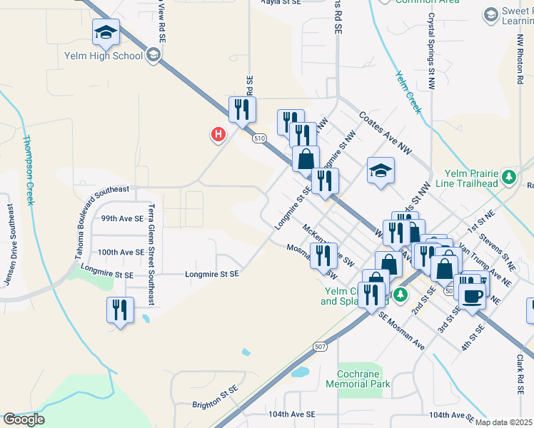 map of restaurants, bars, coffee shops, grocery stores, and more near 15342 Berry Valley Drive Southeast in Yelm