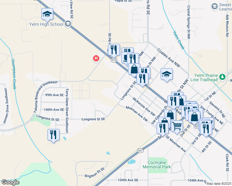 map of restaurants, bars, coffee shops, grocery stores, and more near 15342 Berry Valley Drive Southeast in Yelm