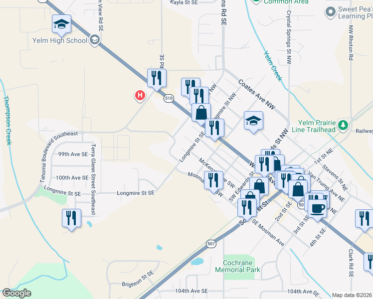 map of restaurants, bars, coffee shops, grocery stores, and more near 9901 Longmire Street Southeast in Yelm