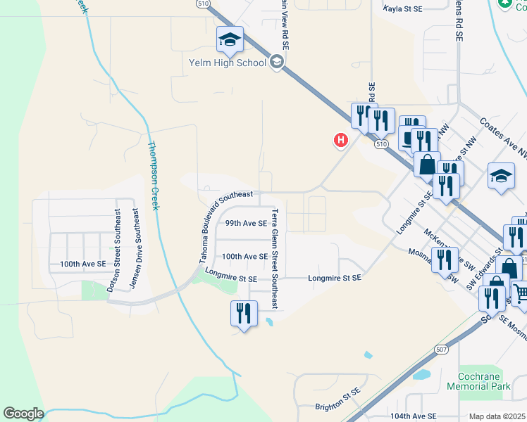 map of restaurants, bars, coffee shops, grocery stores, and more near 14921 Terra View Street Southeast in Yelm