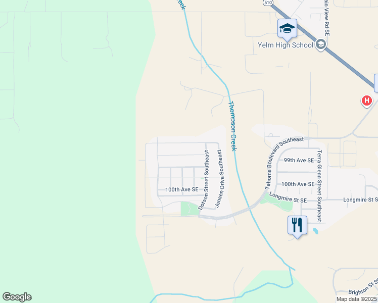 map of restaurants, bars, coffee shops, grocery stores, and more near 14421 99th Avenue Southeast in Yelm