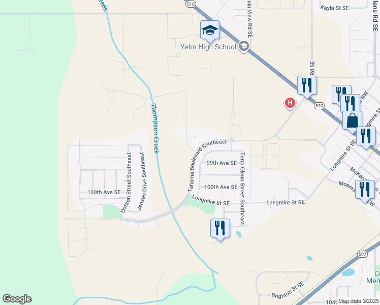 map of restaurants, bars, coffee shops, grocery stores, and more near 9955 Tahoma Boulevard Southeast in Yelm