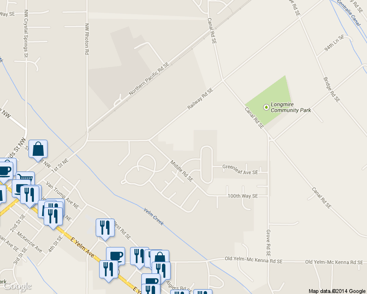 map of restaurants, bars, coffee shops, grocery stores, and more near 16345 Railway Road Southeast in Yelm