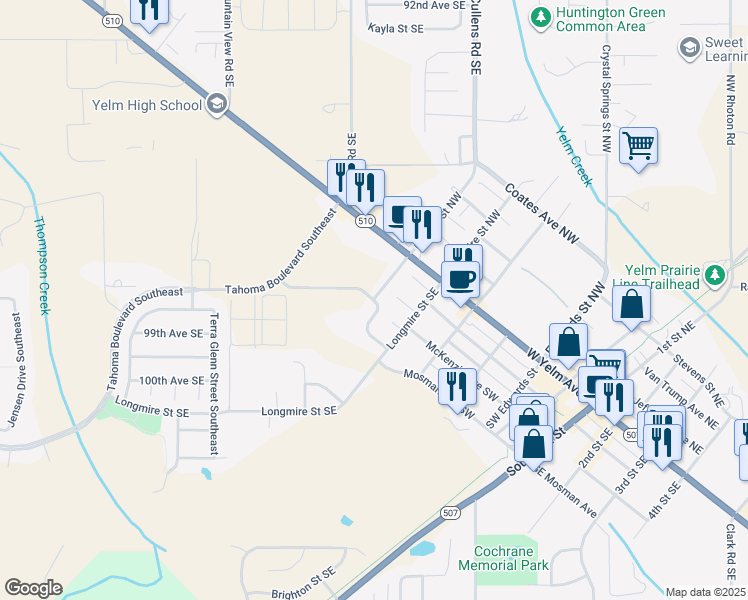 map of restaurants, bars, coffee shops, grocery stores, and more near 15152 Berry Valley Road Southeast in Yelm