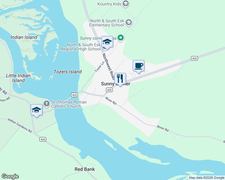 map of restaurants, bars, coffee shops, grocery stores, and more near 1771 New Brunswick 425 in Sunny Corner