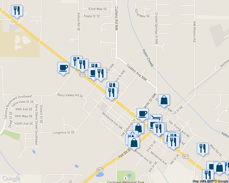 map of restaurants, bars, coffee shops, grocery stores, and more near 505 Jefferson Street Northwest in Yelm