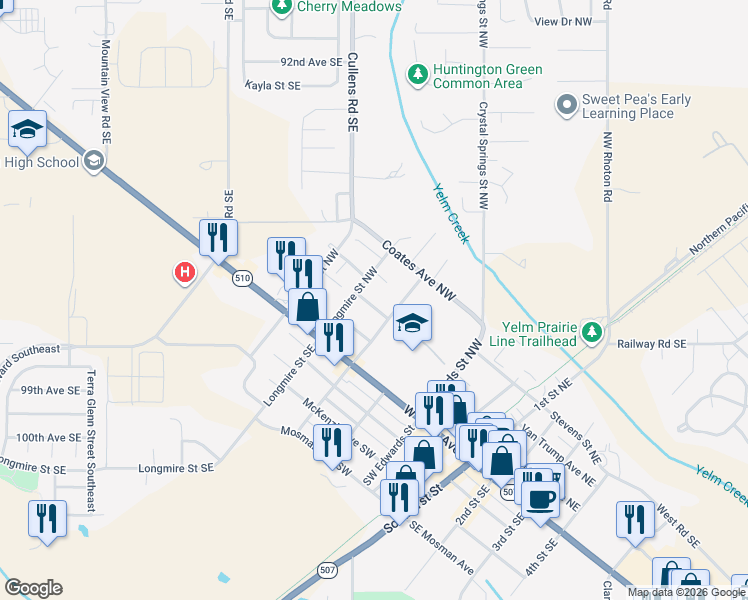 map of restaurants, bars, coffee shops, grocery stores, and more near 510 Van Trump Street Northwest in Yelm
