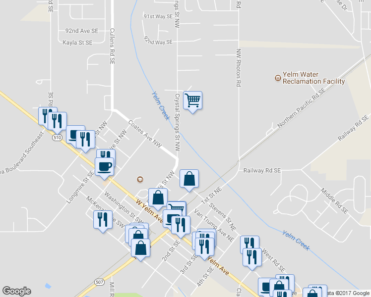 map of restaurants, bars, coffee shops, grocery stores, and more near 502 Crystal Springs Street Northwest in Yelm