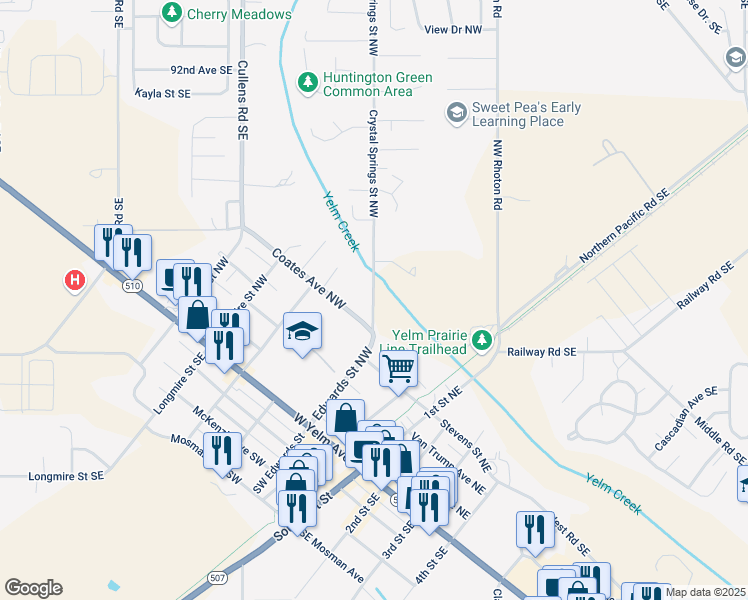 map of restaurants, bars, coffee shops, grocery stores, and more near 502 Crystal Springs Street Northwest in Yelm
