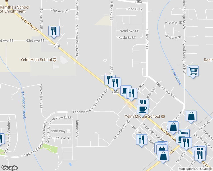 map of restaurants, bars, coffee shops, grocery stores, and more near 1017 West Yelm Avenue in Yelm
