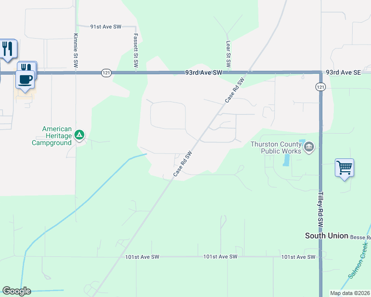 map of restaurants, bars, coffee shops, grocery stores, and more near 9430 Case Road Southwest in Olympia