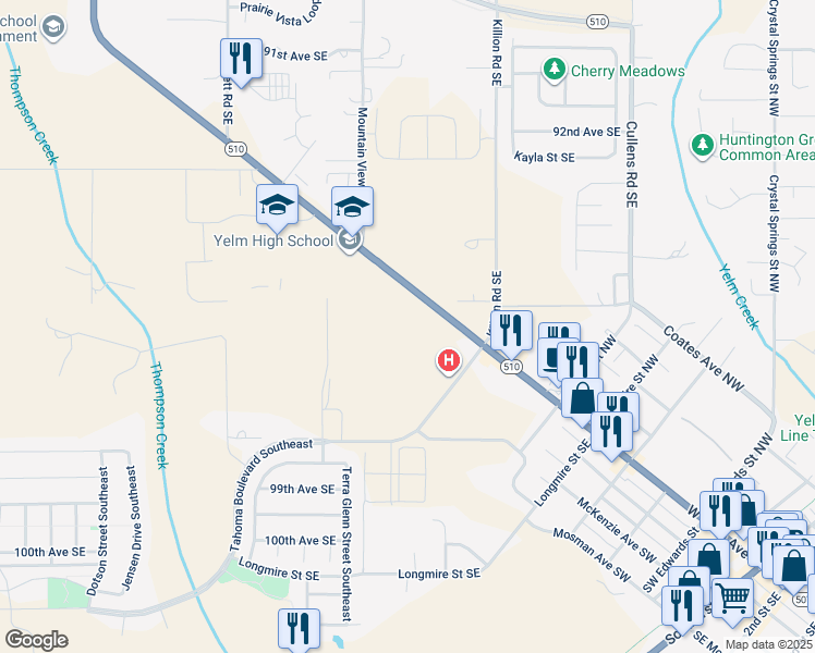 map of restaurants, bars, coffee shops, grocery stores, and more near 1011 West Yelm Avenue in Yelm