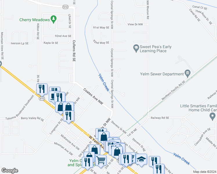 map of restaurants, bars, coffee shops, grocery stores, and more near 725-727 Crystal Springs Street Northwest in Yelm