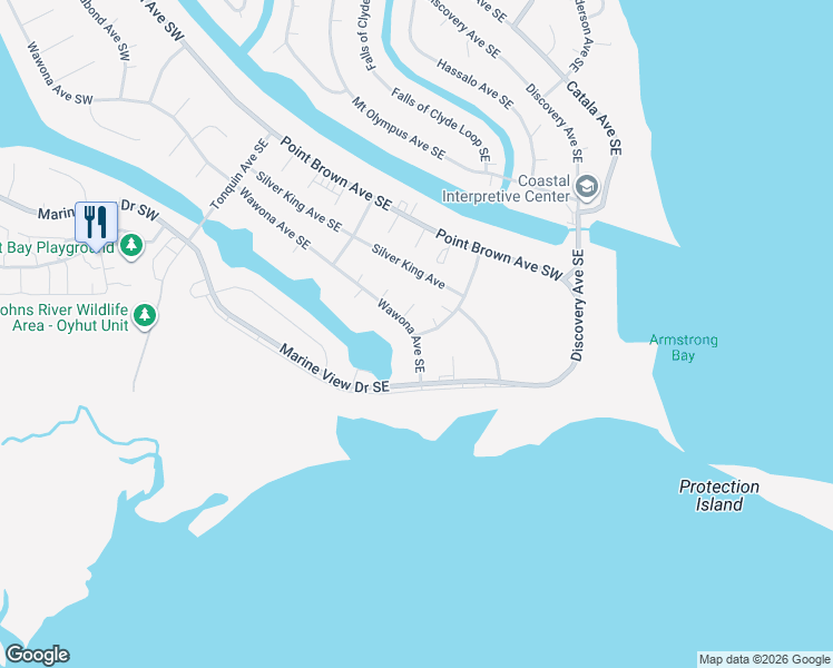 map of restaurants, bars, coffee shops, grocery stores, and more near 1010 Wawona Avenue Southeast in Ocean Shores