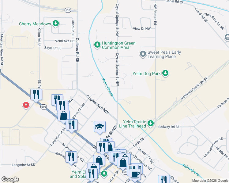 map of restaurants, bars, coffee shops, grocery stores, and more near 725-727 Crystal Springs Street Northwest in Yelm