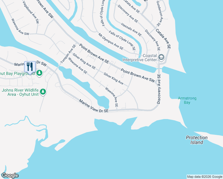 map of restaurants, bars, coffee shops, grocery stores, and more near 1010 Wawona Avenue Southeast in Ocean Shores
