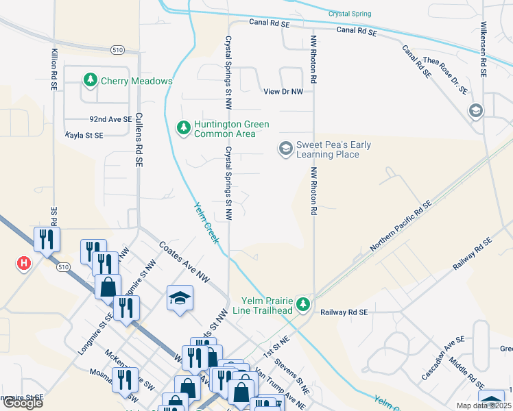 map of restaurants, bars, coffee shops, grocery stores, and more near 9413 Chief Leschi Street Southeast in Yelm