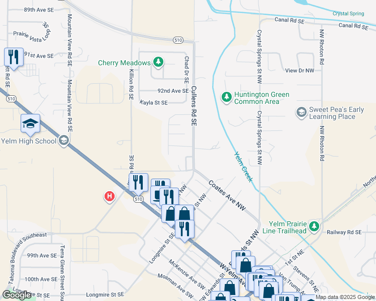 map of restaurants, bars, coffee shops, grocery stores, and more near 15435 94th Avenue Southeast in Yelm