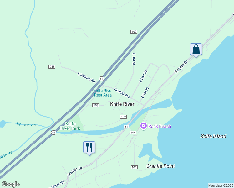 map of restaurants, bars, coffee shops, grocery stores, and more near 200 Central Avenue in Knife River