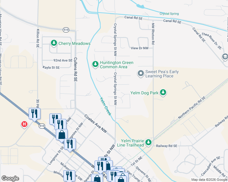 map of restaurants, bars, coffee shops, grocery stores, and more near 903 Crystal Springs Street Northwest in Yelm
